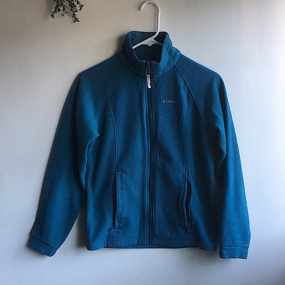 Columbia Sz 14/16 Girls Teal Full Zip High Collar Sporty Fleece Jacket Pockets
